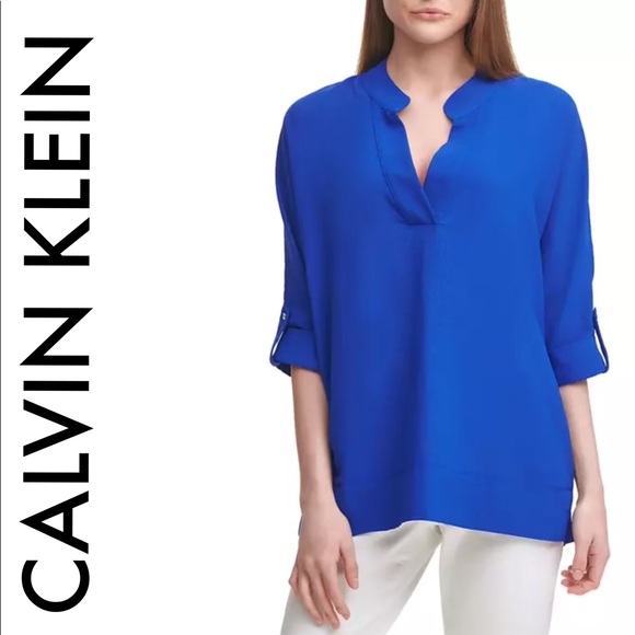 Calvin Klein Tops - CALVIN KLEIN NWT BLUE DEEP V-NECK WITH TAB SLEEVES FLOWY LIGHTWEIGHT TOP SIZE 2X